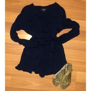Small long sleeve plunge neck romper in Navy blue